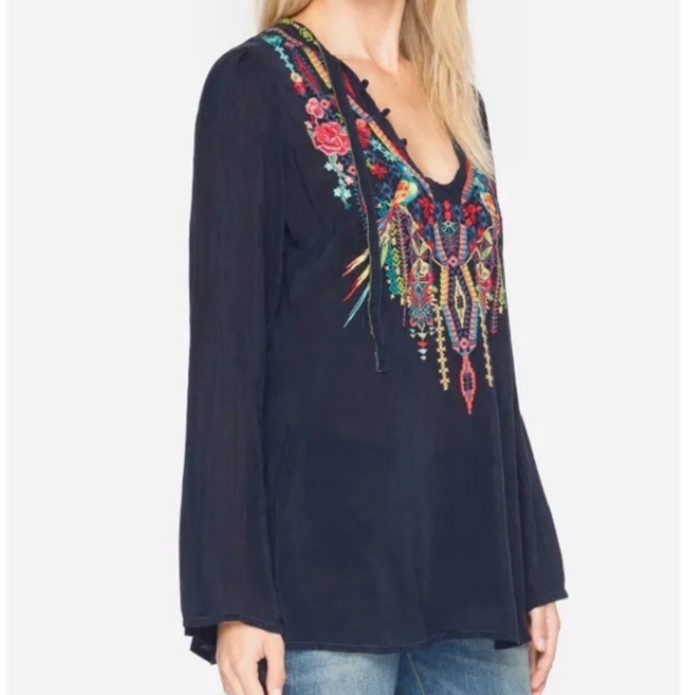 Johnny Was Embroidered Serendipity Tunic Top Cupra Rayon Royal Navy Blue XS Boho - Picture 3 of 16